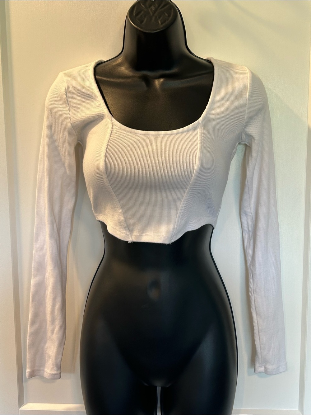 Garage White Ribbed Long Sleeve Cropped Scoop-Neck Top